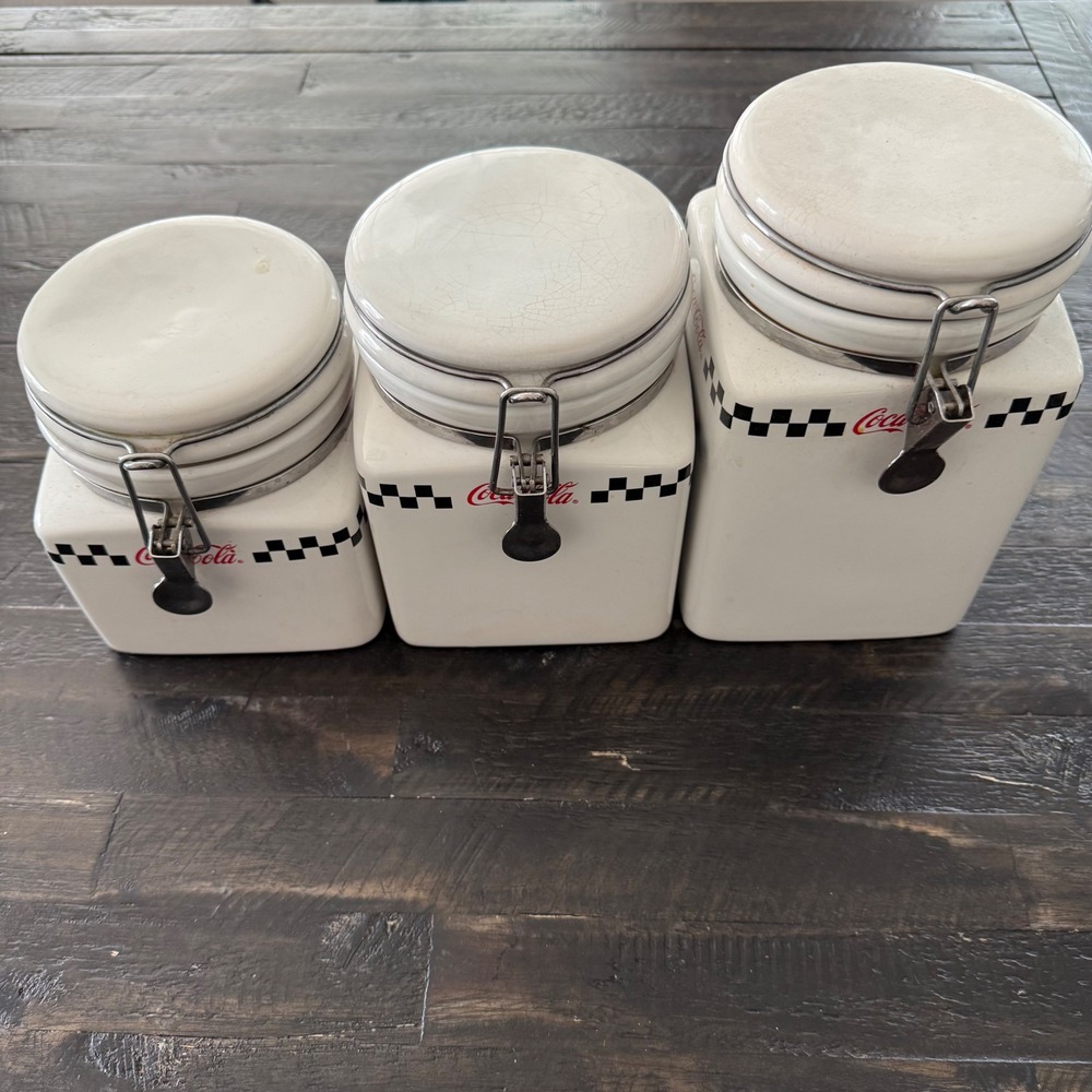 Vintage Coca-Cola Ceramic Canister Set 3 Piece Retro Diner Checkered White Red